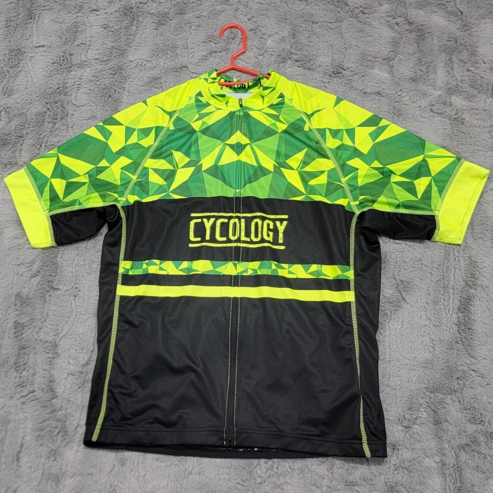 Cycology Cycling Jersey Mens L (Fits Medium) Green Black Full Zip Short Sleeve
